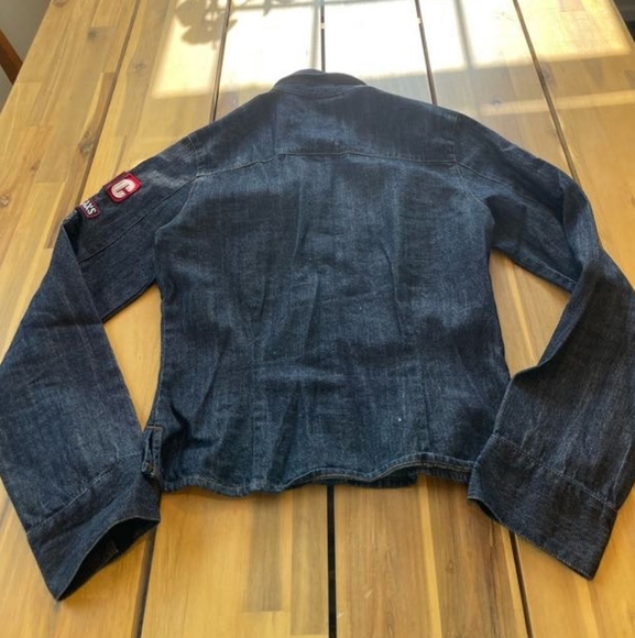 Dkny Y2k Blue Jean Patch Button Up Shacket Fitted Semi Crop Long Sleeve Xs - Picture 2 of 5